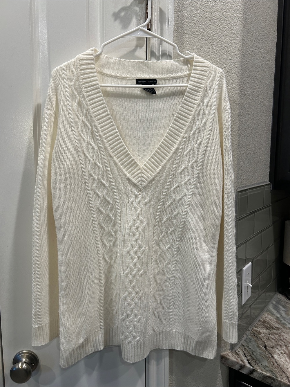 New York & Company Cream V-Neck Cable Knit Sweater